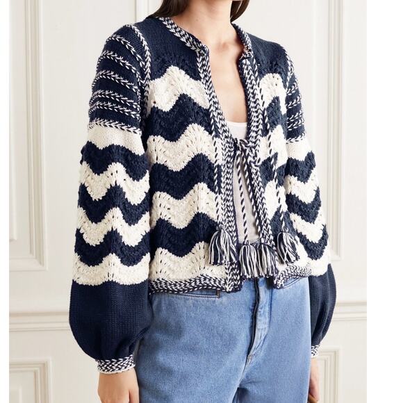 Ulla Johnson Yesenia Cardigan Cotton Wool Navy Cream Tassle Hand Made size S - Picture 1 of 10